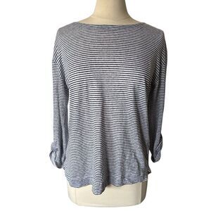 Adrianne‎ Vittadini Striped Long Sleeve Linen Top Small Black White
